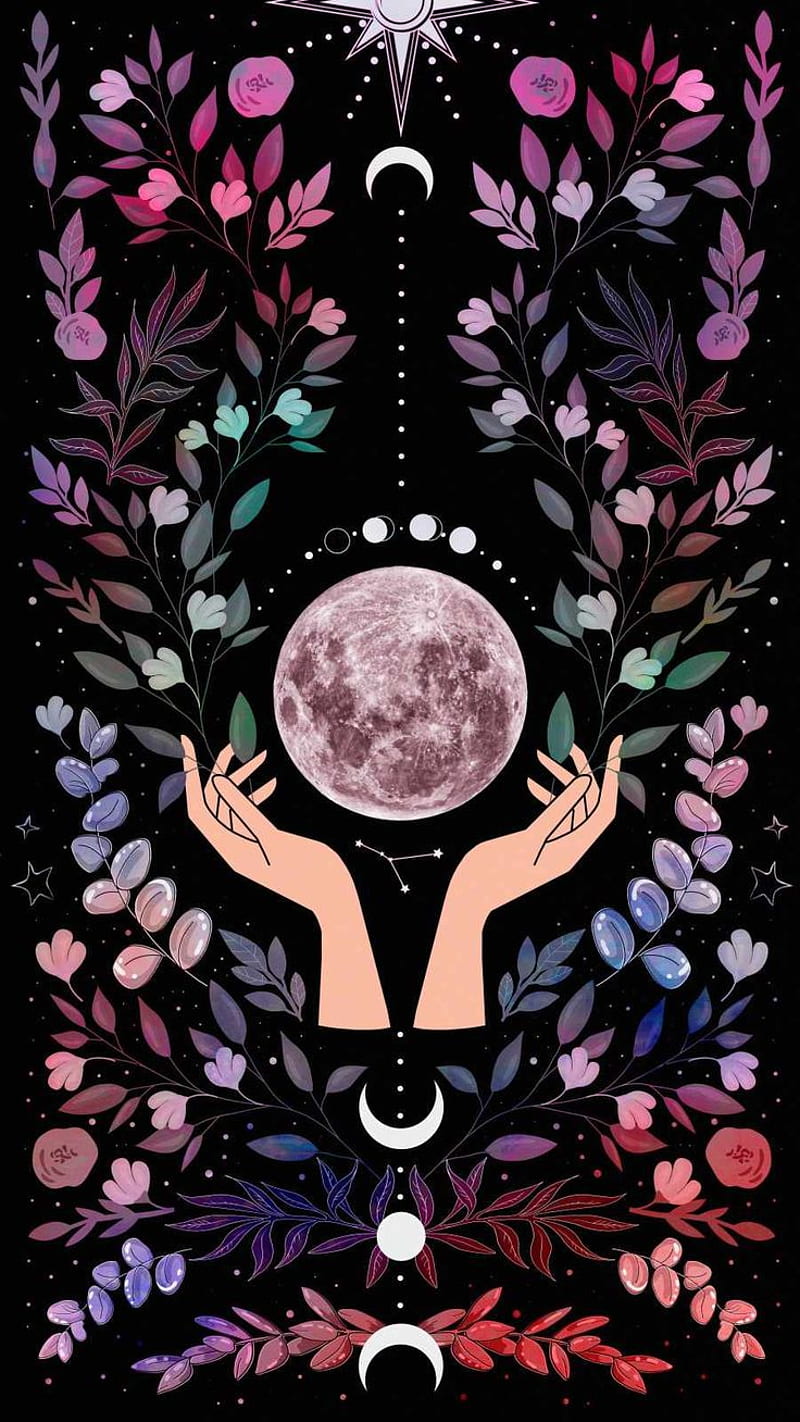 hands with a moon and flowers decorative image